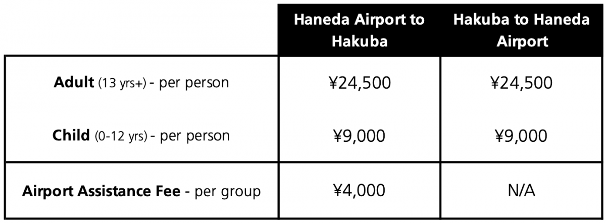 Hakuba Shared Taxi Transfer Prices