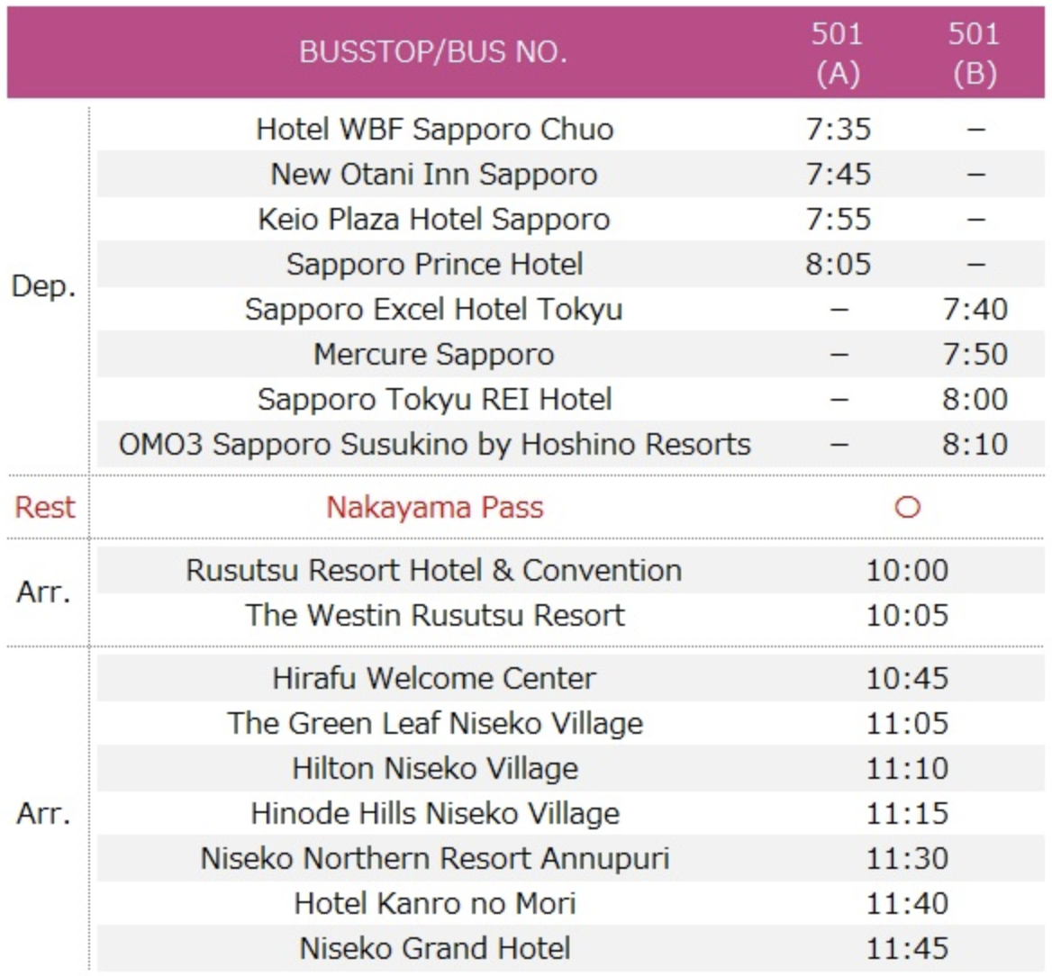 Resort Liner Bus Transfer Timetable